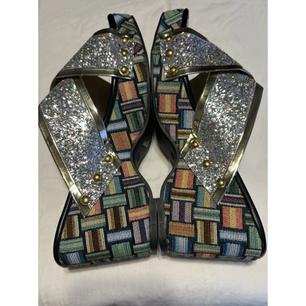 Glitter Slide Sandals Geometric Multicolor Silver Block Heel Straps Women's 7